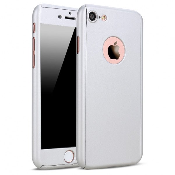 Wholesale iPhone 7 Full Cover Hybrid Case with Tempered Glass (Silver)